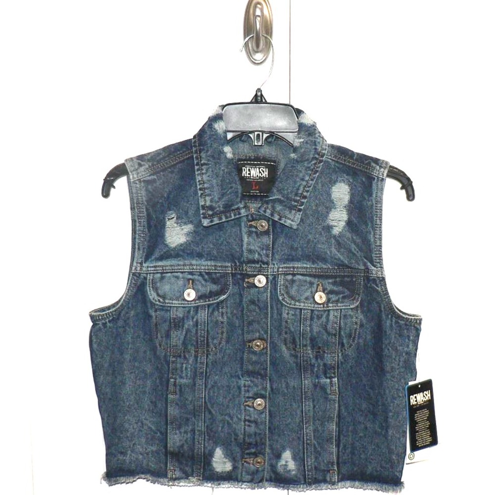 American Original Rewash Women' Denim Vest Distressed Frayed Raw Hem Blue Size L